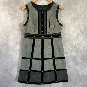 Anna Sui Shift Dress Womens 11 Grey Herringbone‎ Velvet Studded Mini *See Pics*